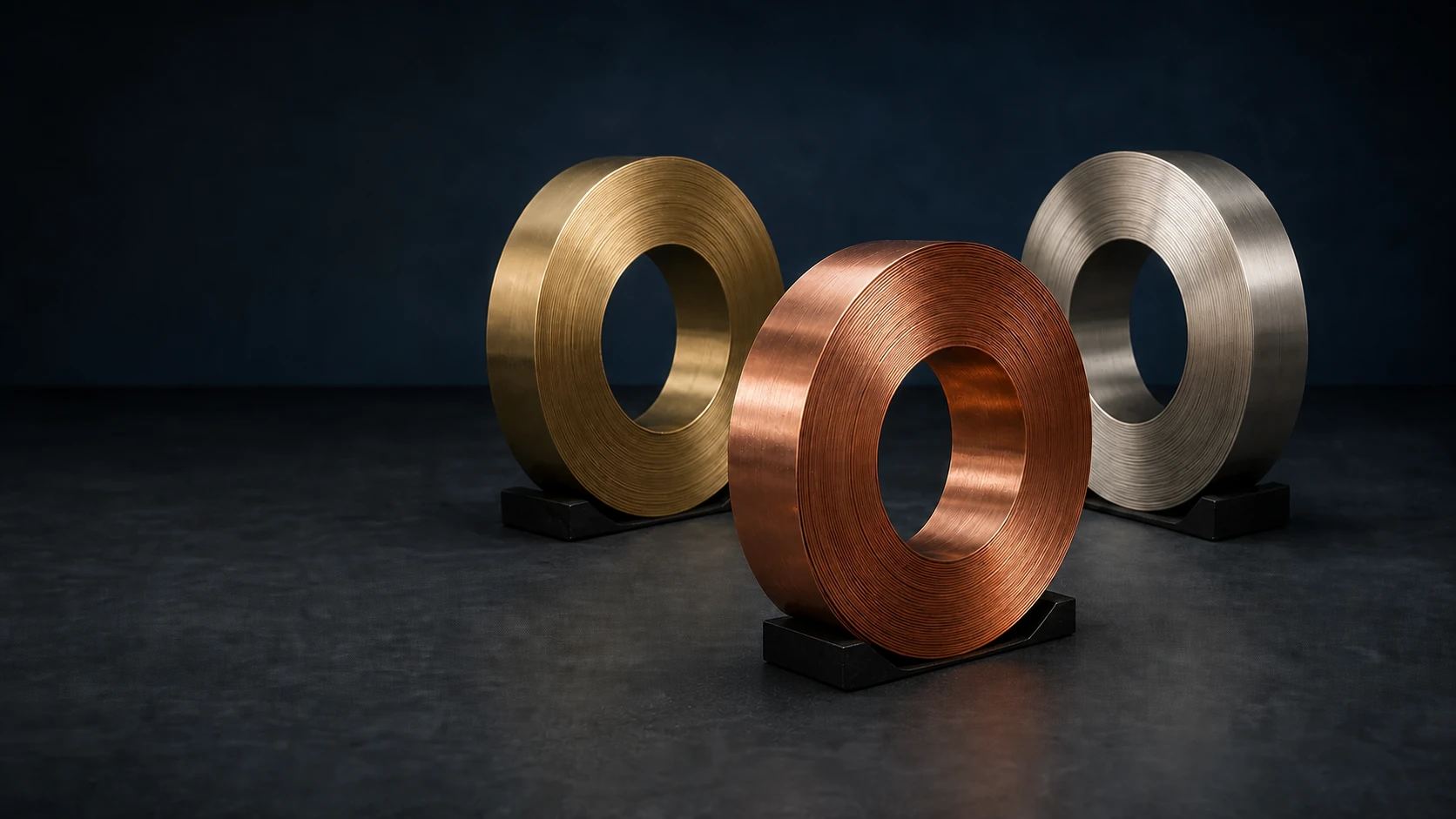 Copper, brass and nickel silver strip coils in a dark industrial studio